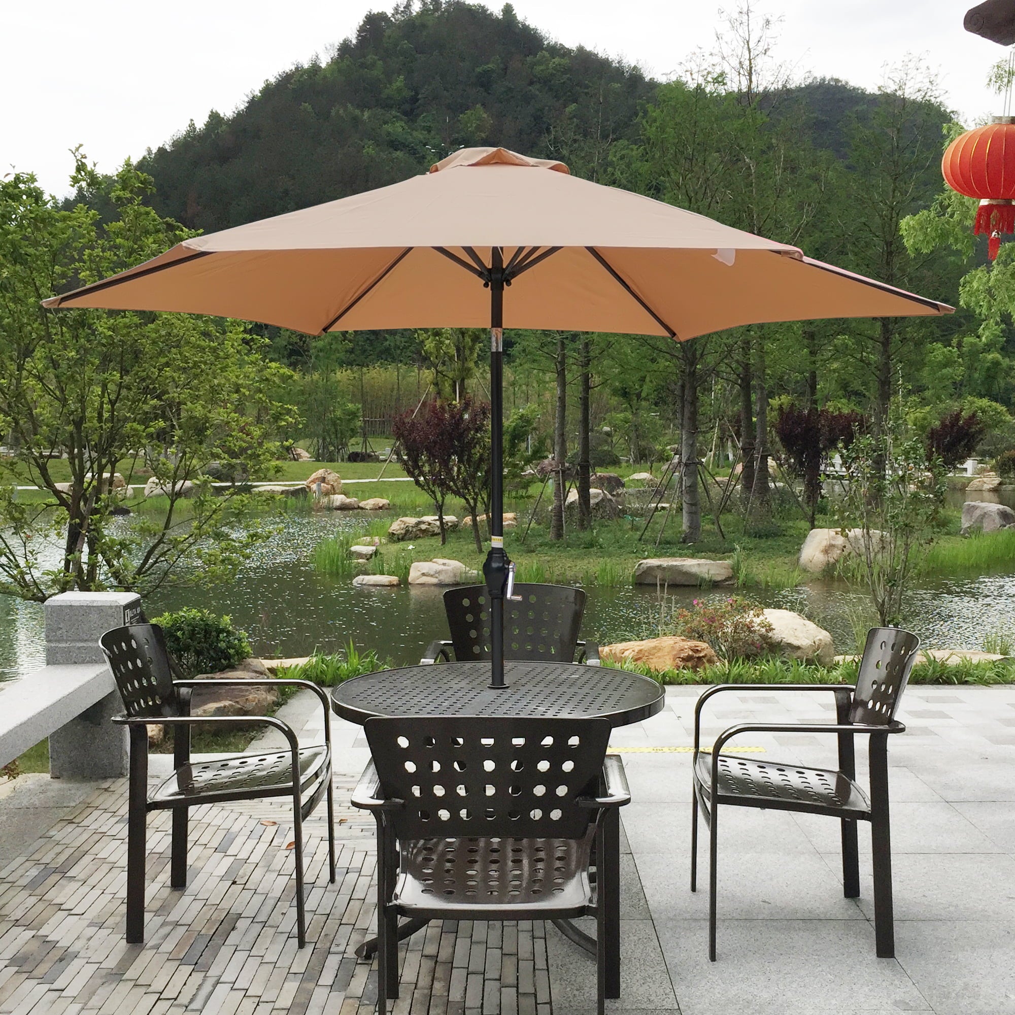 Patio Umbrella, 9ft Outside Table Umbrella with Push Button Tilt and Crank, Outdoor Market Umbrellas Fade Resistant Water Proof Patio Table Umbrella for Yard Garden in Brown