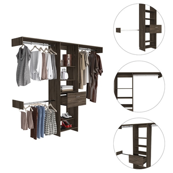 Simple Style Open Wordrob with 5 Shelves and 1 Drawer， 2 Hanging Rob Included - - 37938215