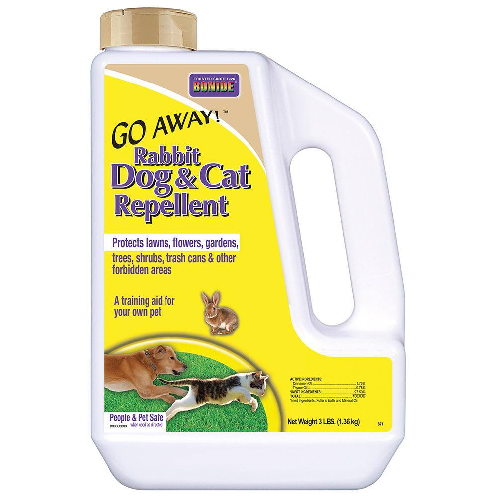 Bonide Go Away Rabbit Dog and Cat Repellent 3 lb Granules Training Aid Protects Lawns Flowers and Gardens 871