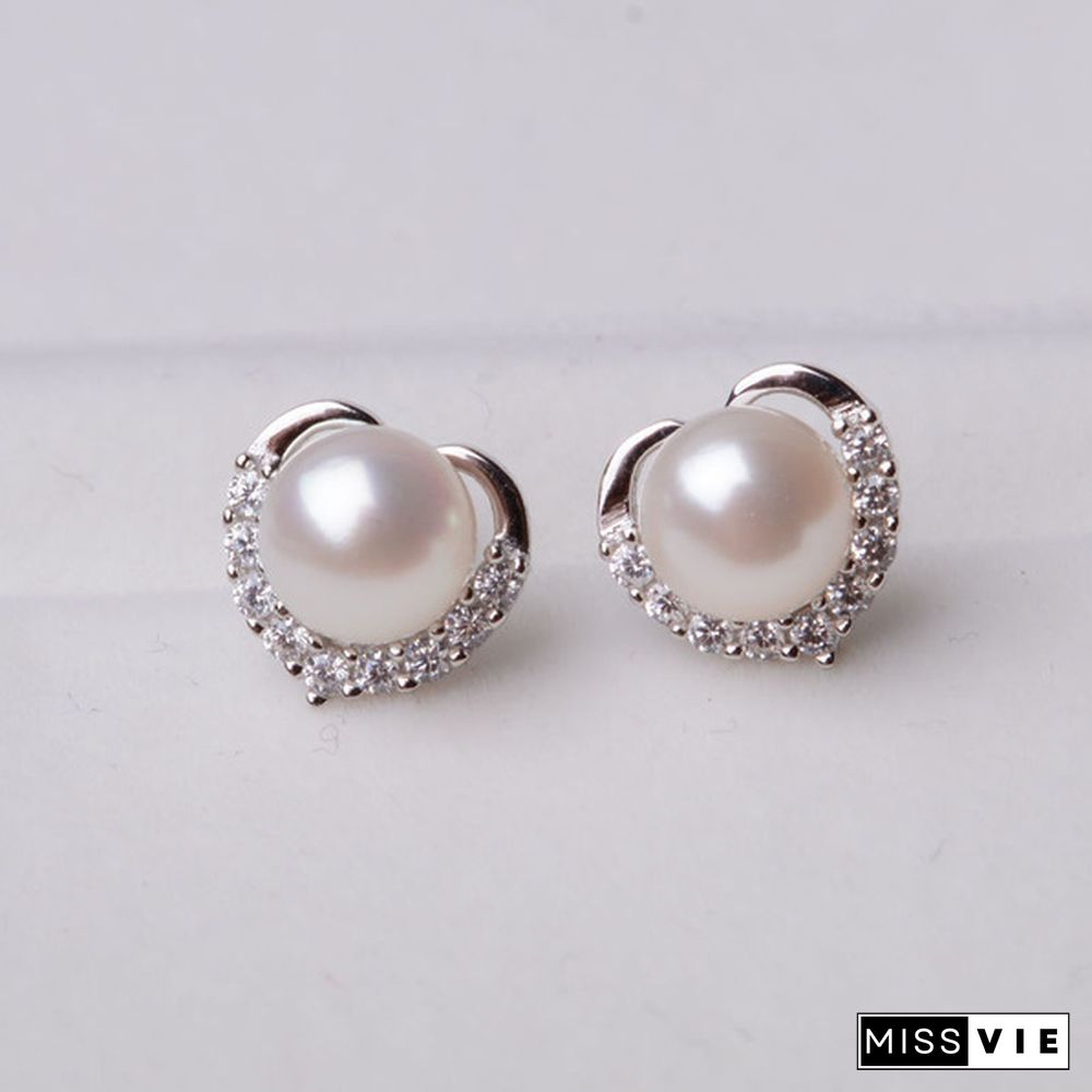 Trendy Fashion Women's S925 Silver Exquisite Pearl Heart-shaped Diamond Crystal Earrings Prevent allergy Jewelry