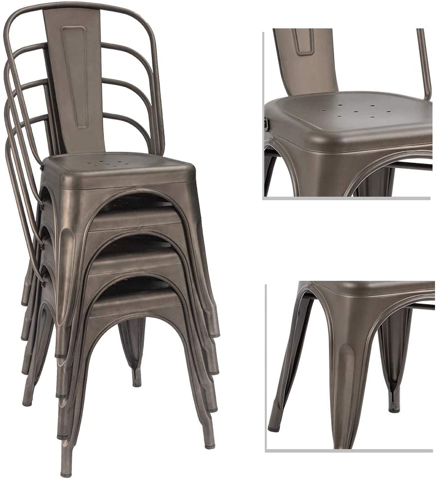 VINEEGO Metal Dining Chair Indoor-Outdoor Use Stackable Classic Trattoria Chair Fashion Dining Metal Side Chairs for Bistro Cafe Restaurant Set of 4 (Gun)