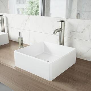 VIGO Dianthus Modern White Matte Stone 15 in. L x 15 in. W x 5 in. H Square Vessel Bathroom Sink VG04001