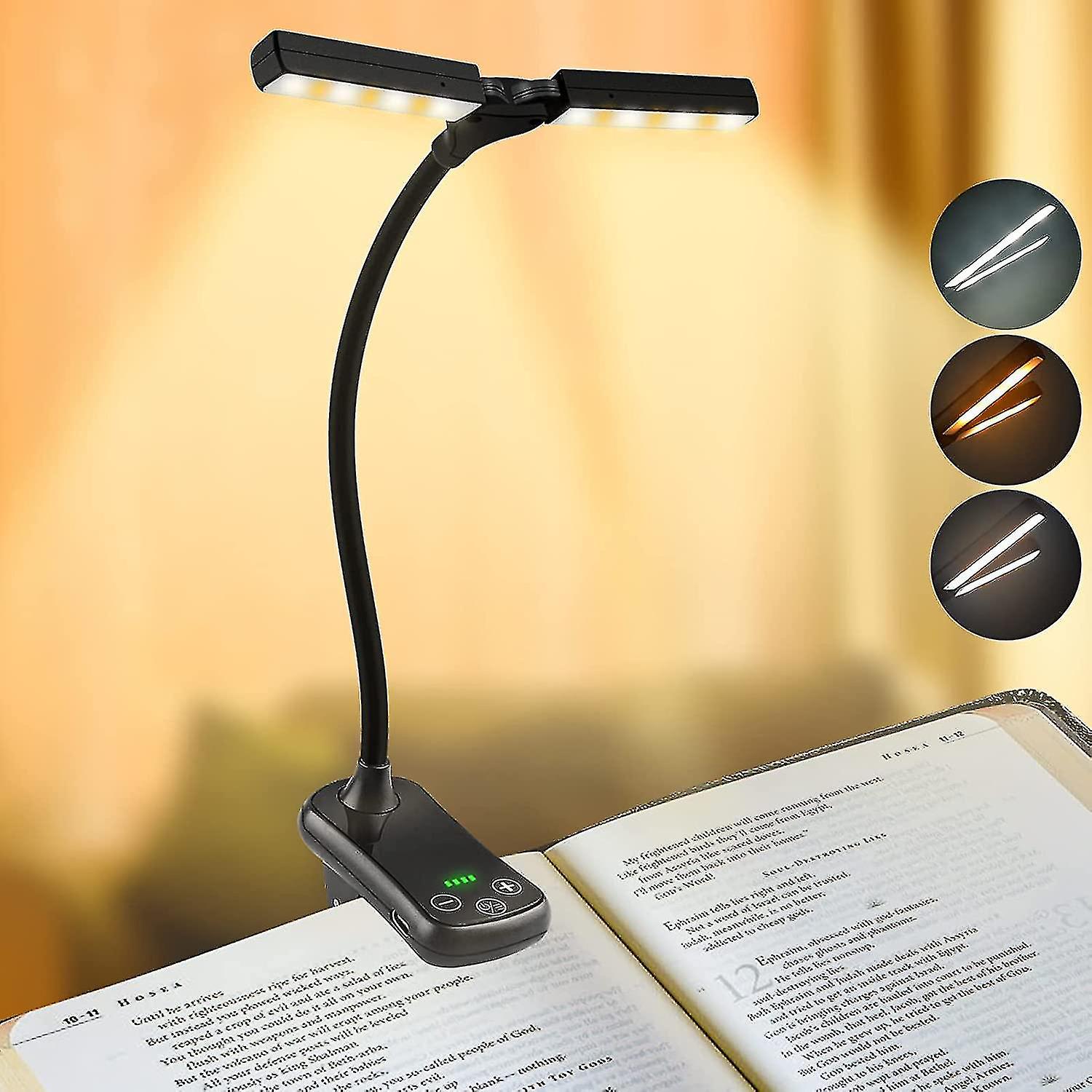 14 Leds Rechargeable Book Light， Adjustable Dual Heads， Eye Care Reading Lamp Clip On Book/desk For Study Work