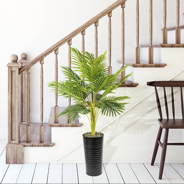 Artificial Ribbed Metal Palm Planter In Black And White - Lcg Florals