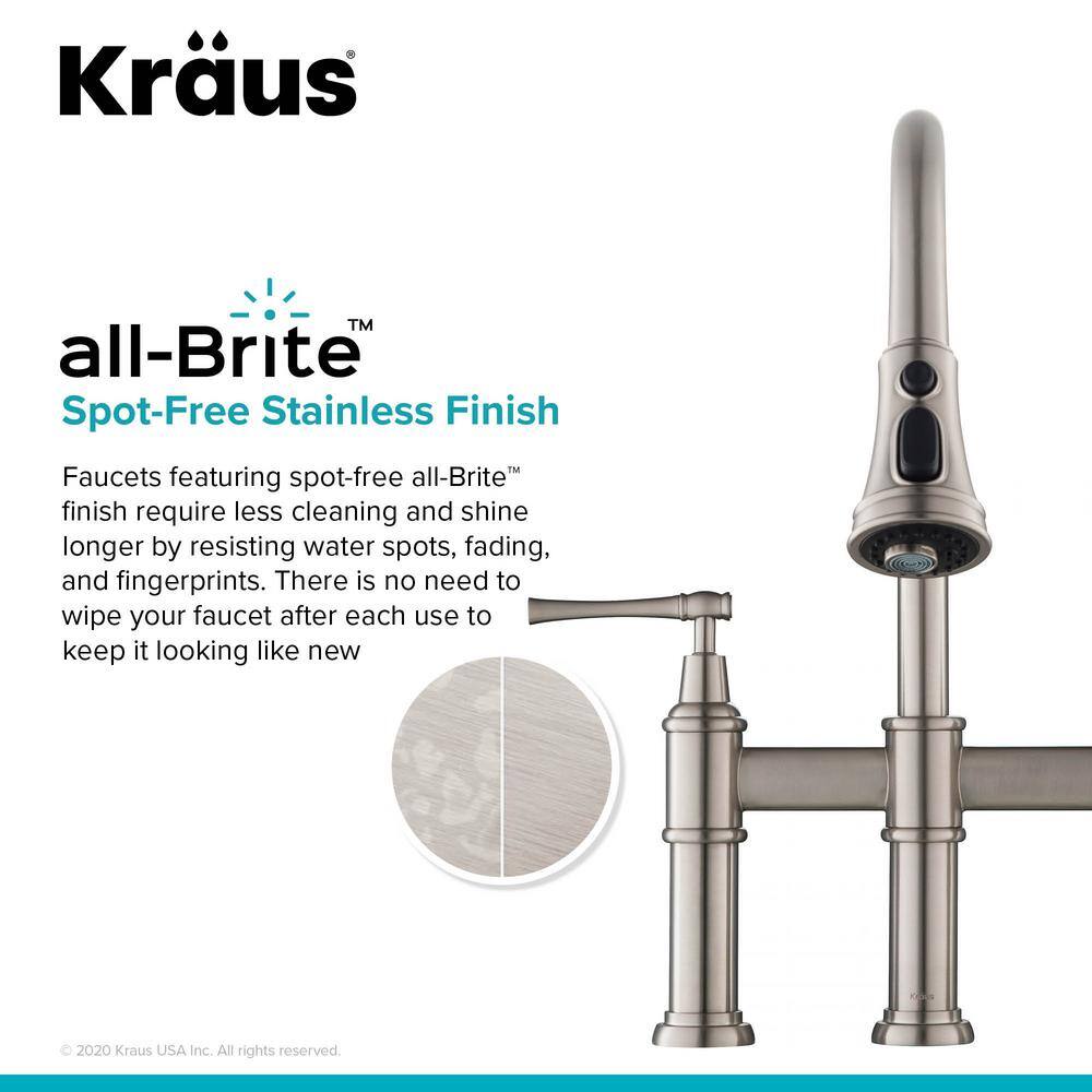 KRAUS Allyn Double Handle Transitional Bridge Kitchen Faucet with Pull-Down Sprayhead in Spot Free Stainless Steel KPF-3121SFS