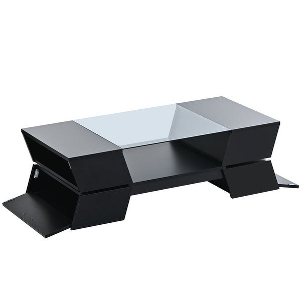 Glass 2-Tier Cocktail Table， Coffee Table with Cabinets