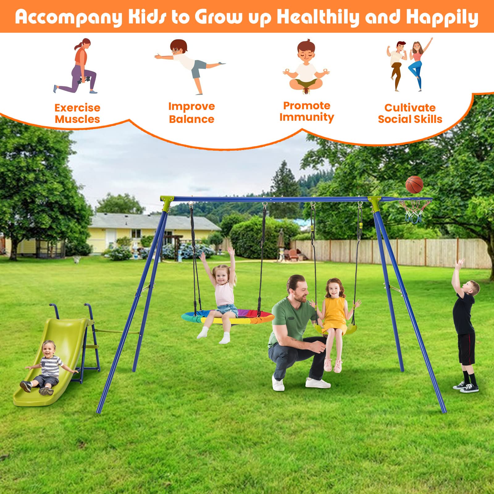 Costzon Swing Sets for Backyard, 4-in-1 Heavy Duty Large Metal Swing Frame