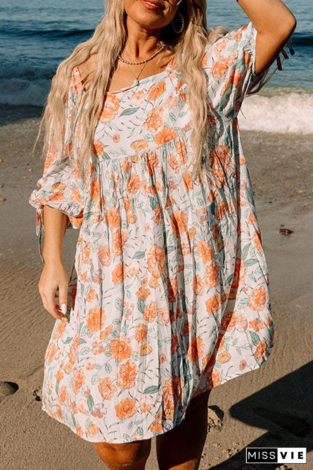 Orange Plus Size Square Neck Tie Sleeve Floral Dress