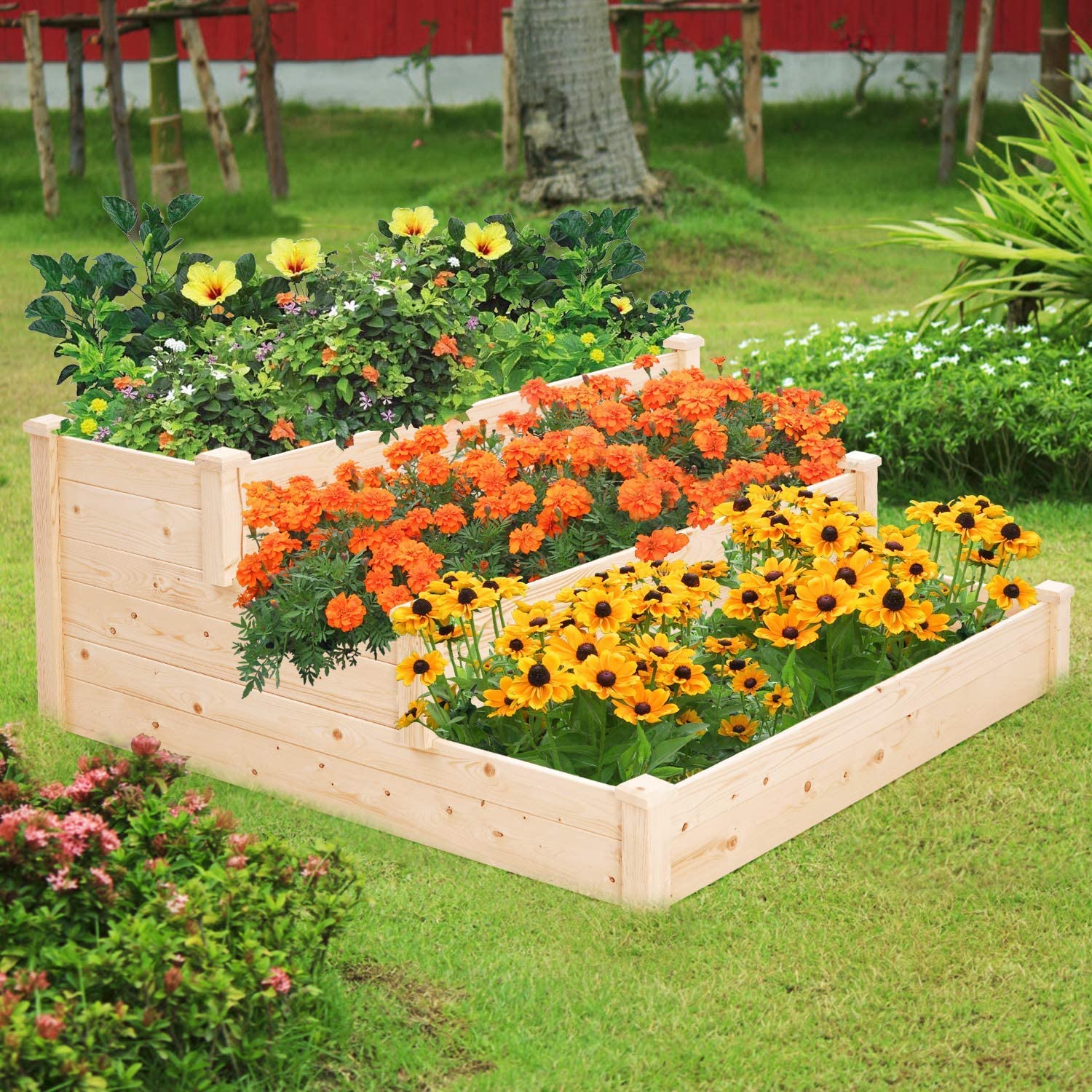 SOLAURA 4ft 3 Tier Patio Wooden Raised Garden Bed Outdoor Elevated Planter Box - Natural