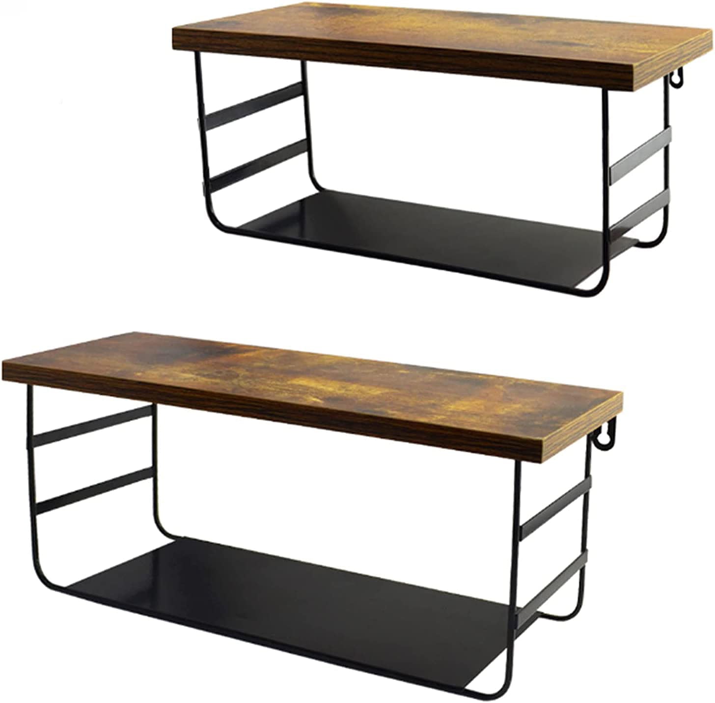 2 Tier Floating Wall Shelves Set of 2, Rustic Black Metal Shelf for Bathroom, Bedroom, Living Room, Laundry Room, Kitchen