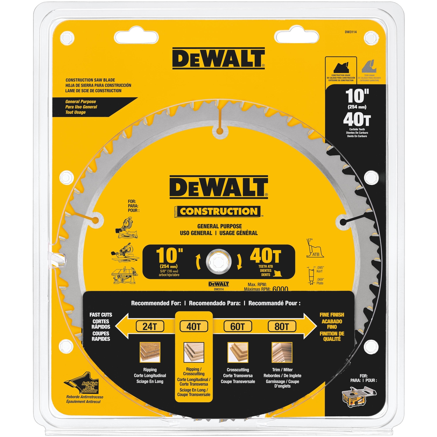 DW 10 in. D X 5/8 in. Construction Carbide Tipped Circular Saw Blade 40 teeth 1 pk