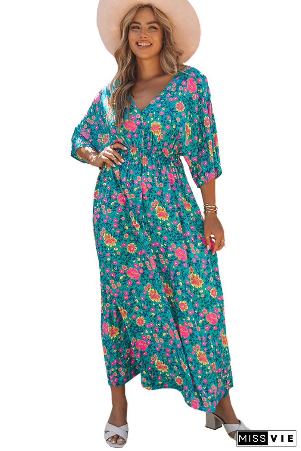 Green Boho Deep V Neck Floral Maxi Dress