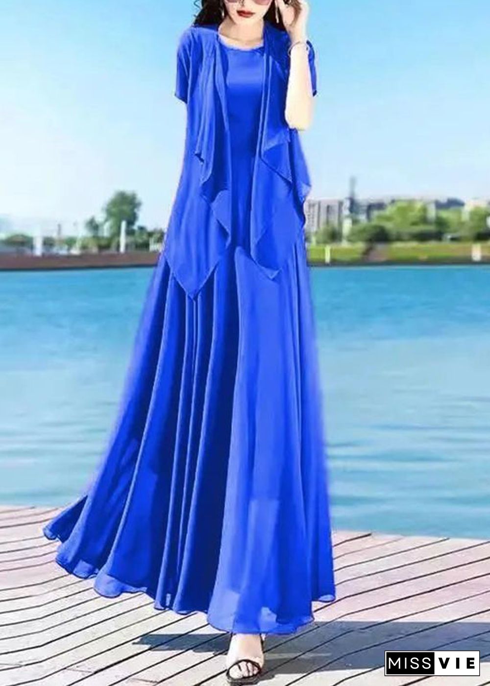 Casual Royalblue O-Neck Chiffon Cardigans And Long Dress Two Pieces Set Summer