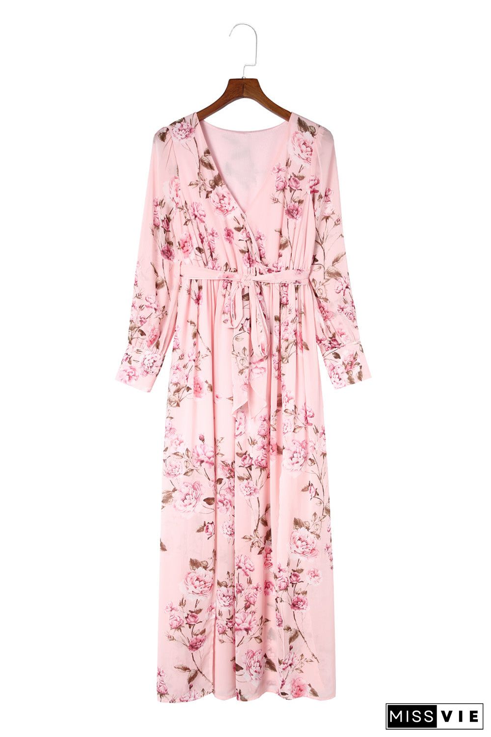 Pink Floral Long Sleeve Side Split High Waist Bohemia Maxi Dress