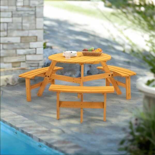 6Person Circular Outdoor Wooden Picnic Table w/3 Builtin Benches