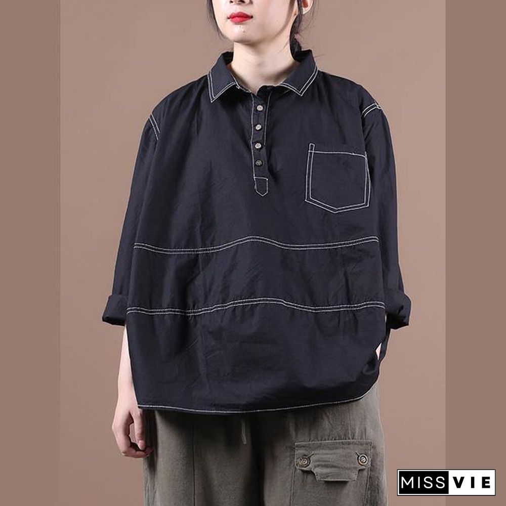 Women lapel baggy blouses for pattern black top