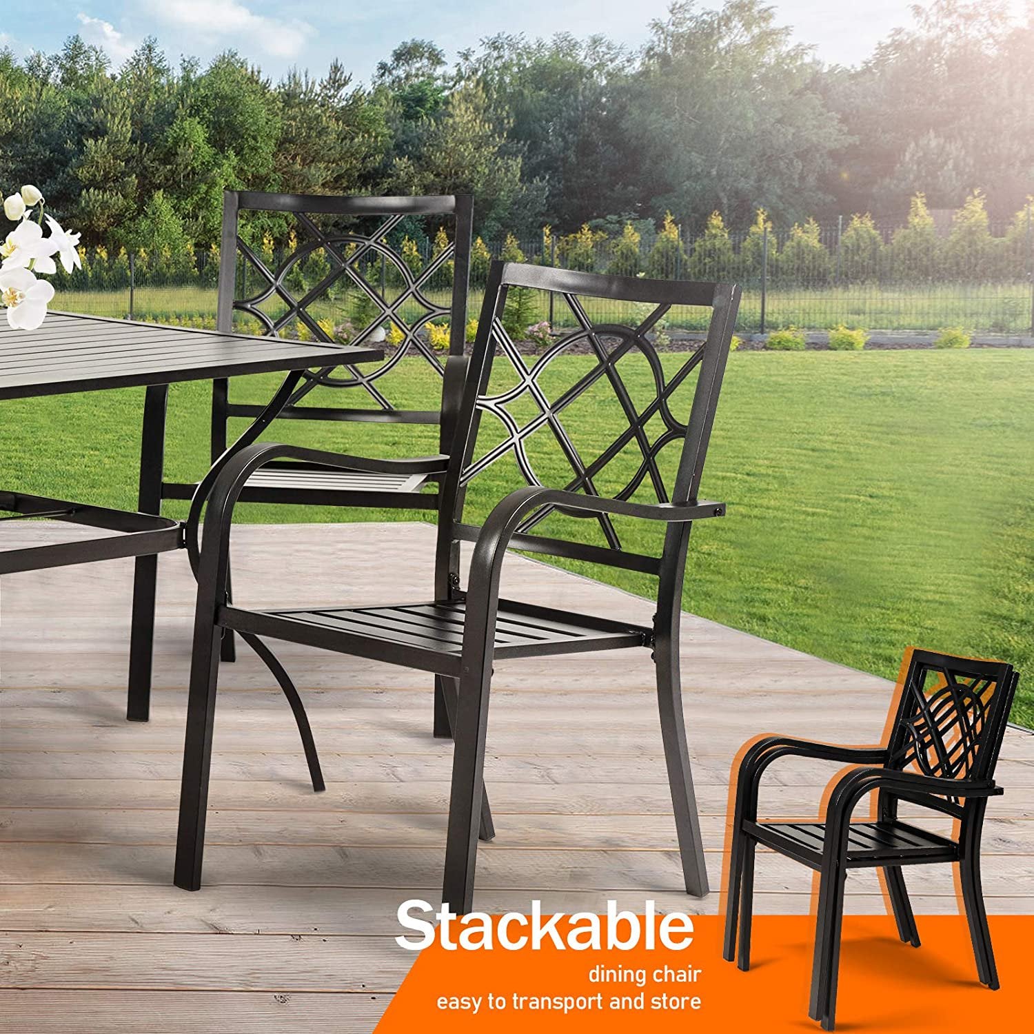 SUNCROWN Patio Dining Chair Outdoor Metal Stackable Chairs Set of 2, Black