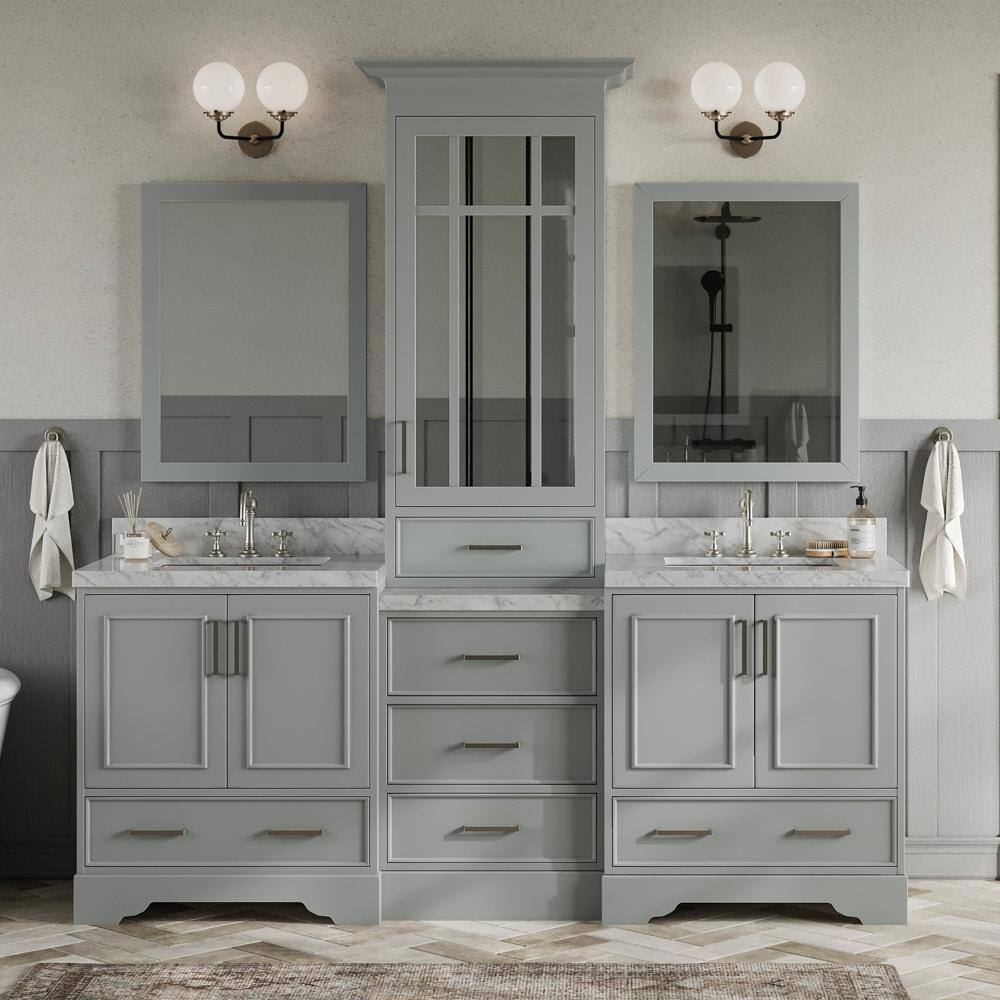 ARIEL Stafford 85 in. W x 22 in. D x 89 in. H Double Sinks Freestanding Bath Vanity in Grey with White Marble Tops and Mirrors M085DCWRGRY