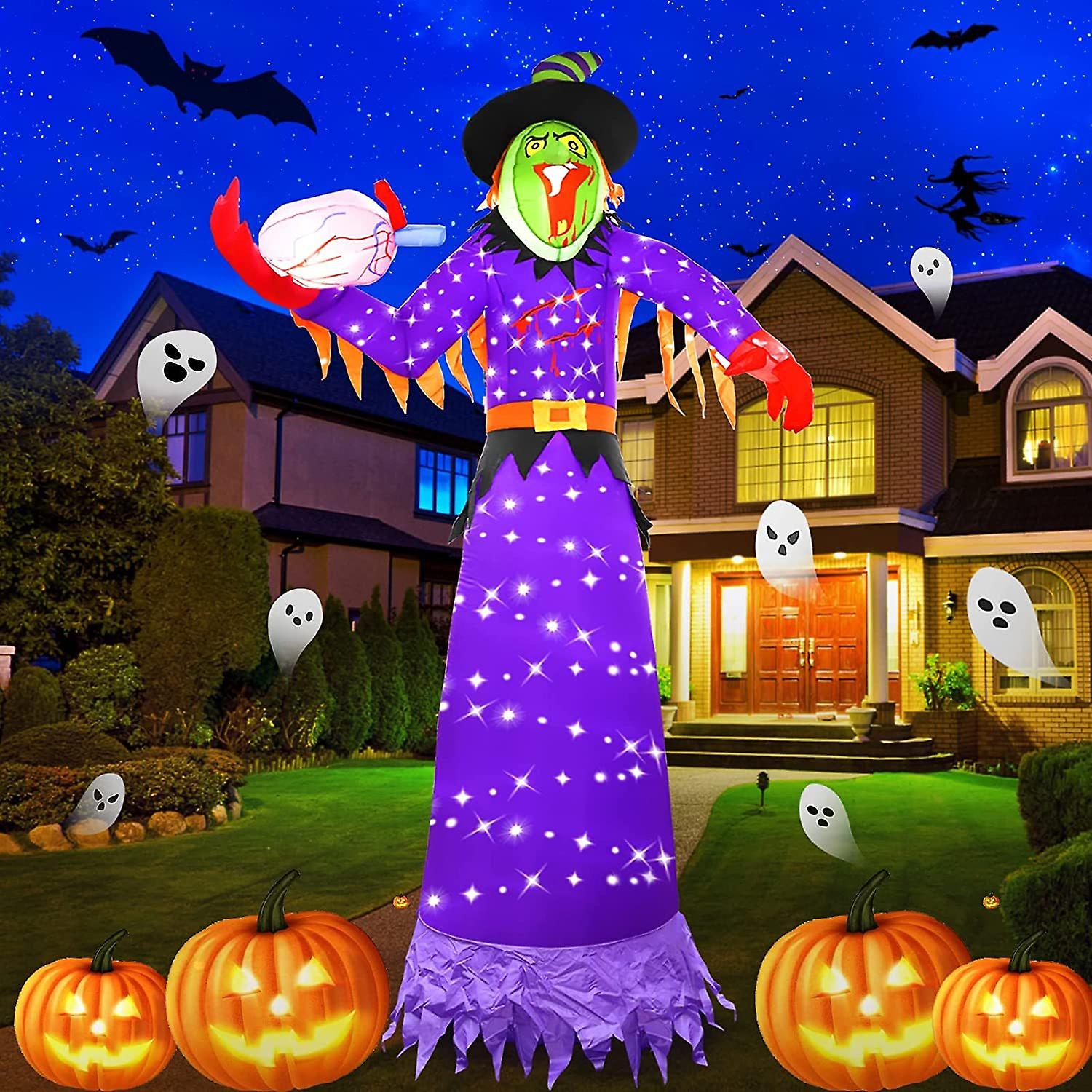 10ft Halloween Inflatables Witch Outdoor Decoration Light With 220lt Build-in Cool White Led Lights， Scary Witch Blow Up Halloween Decorations Outdoor