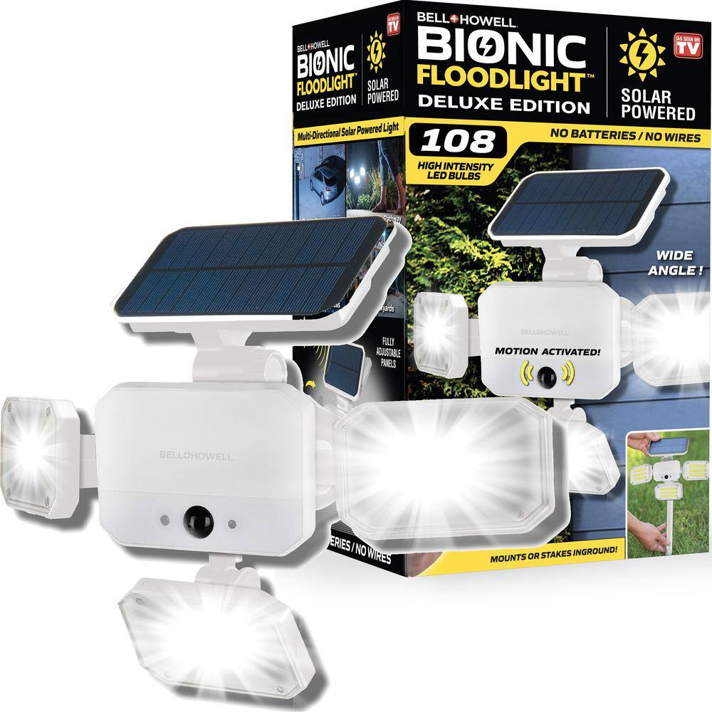 Bell + Howell 180-Degree Swiveling Light White Solar Powered Motion Activated Outdoor 108 Integrated LED Bionic Flood Light 8141