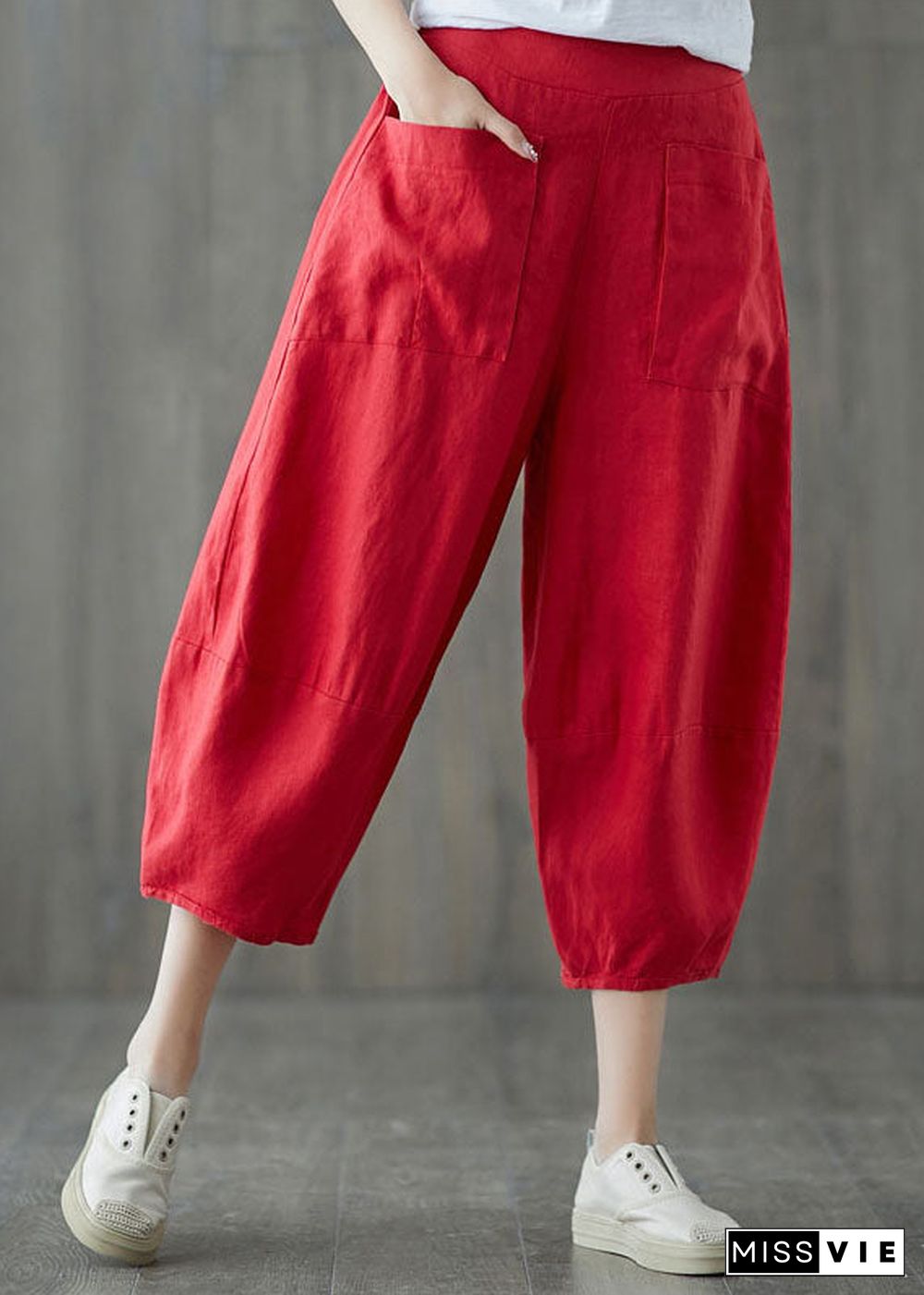 Red Pockets Patchwork Linen Crop Pants Elastic Waist Summer