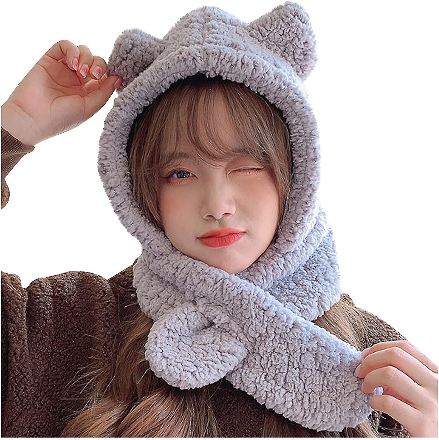 Winter Hats Bear Cap And Scarf 2 In 1 Cute Cartoon Thick Hat Protectors Warm Plush Hat Cap Women Girl Hat Gray One Size