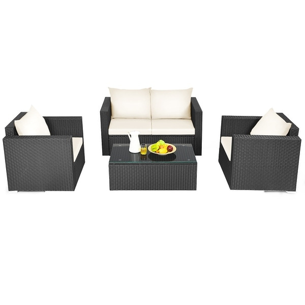 Gymax 4PCS Rattan Patio Conversation Set Outdoor Furniture Set w/