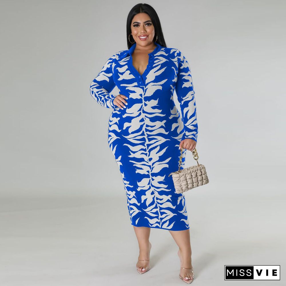 Casual Printed Lapel Long Sleeve Plus Size Dresses