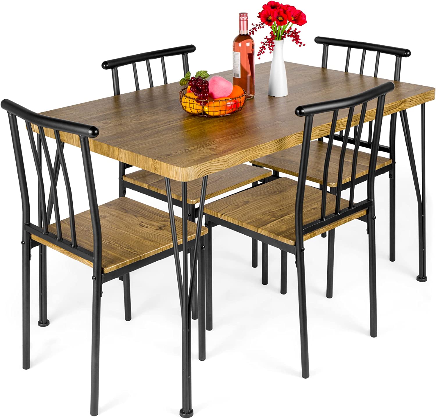 Best Choice Products 5-Piece Metal and Wood Indoor Modern Rectangular Dining Table Furniture Set for Kitchen， Dining Room， Dinette， Breakfast Nook w/ 4 Chairs - Brown