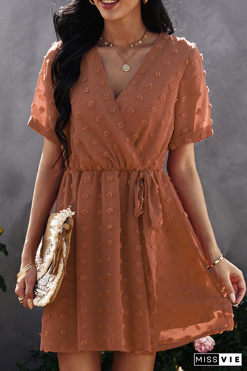 Solid V Neck Short Sleeve Dress Wholesale