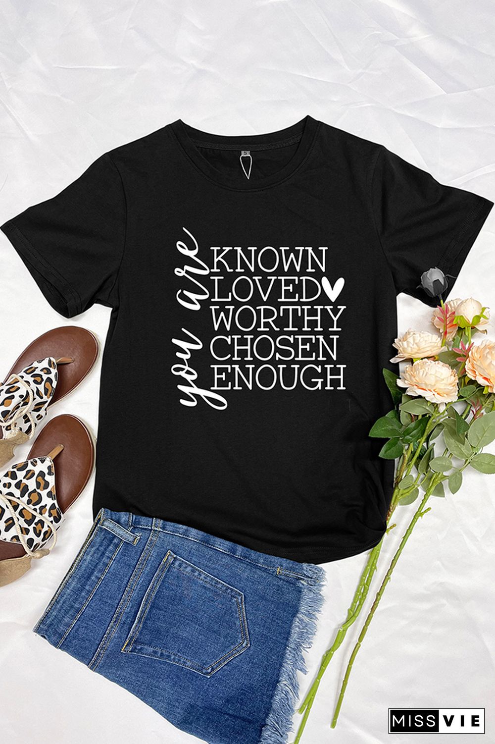 You Are Known, Loved, Worthy, Chosen, Enough Print Christian Graphic Tee Wholesale