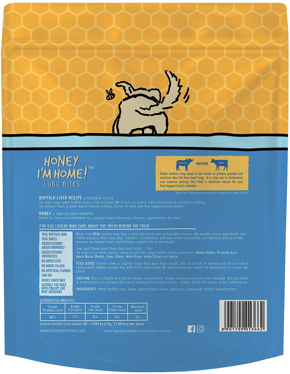 Honey I'm Home Lung Bites Natural Honey Coated Buffalo Grain-Free Dog Treats， 3.1-oz bag