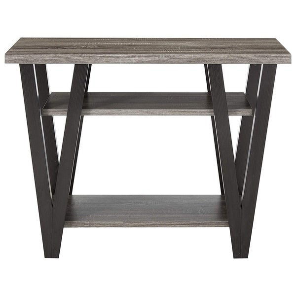 Zig-zag Contemporary Solid Wooden End Table With Bottom Shelf， Grey And Black