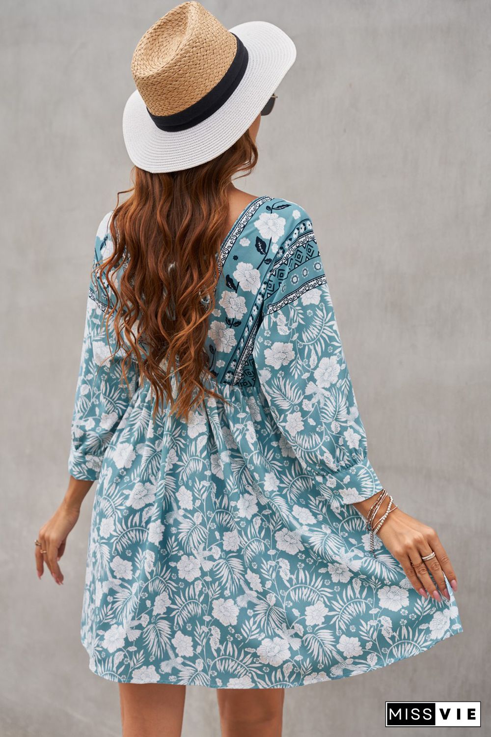 Green V Neck 3/4 Sleeve Bohemian Vintage Print Mini Dress