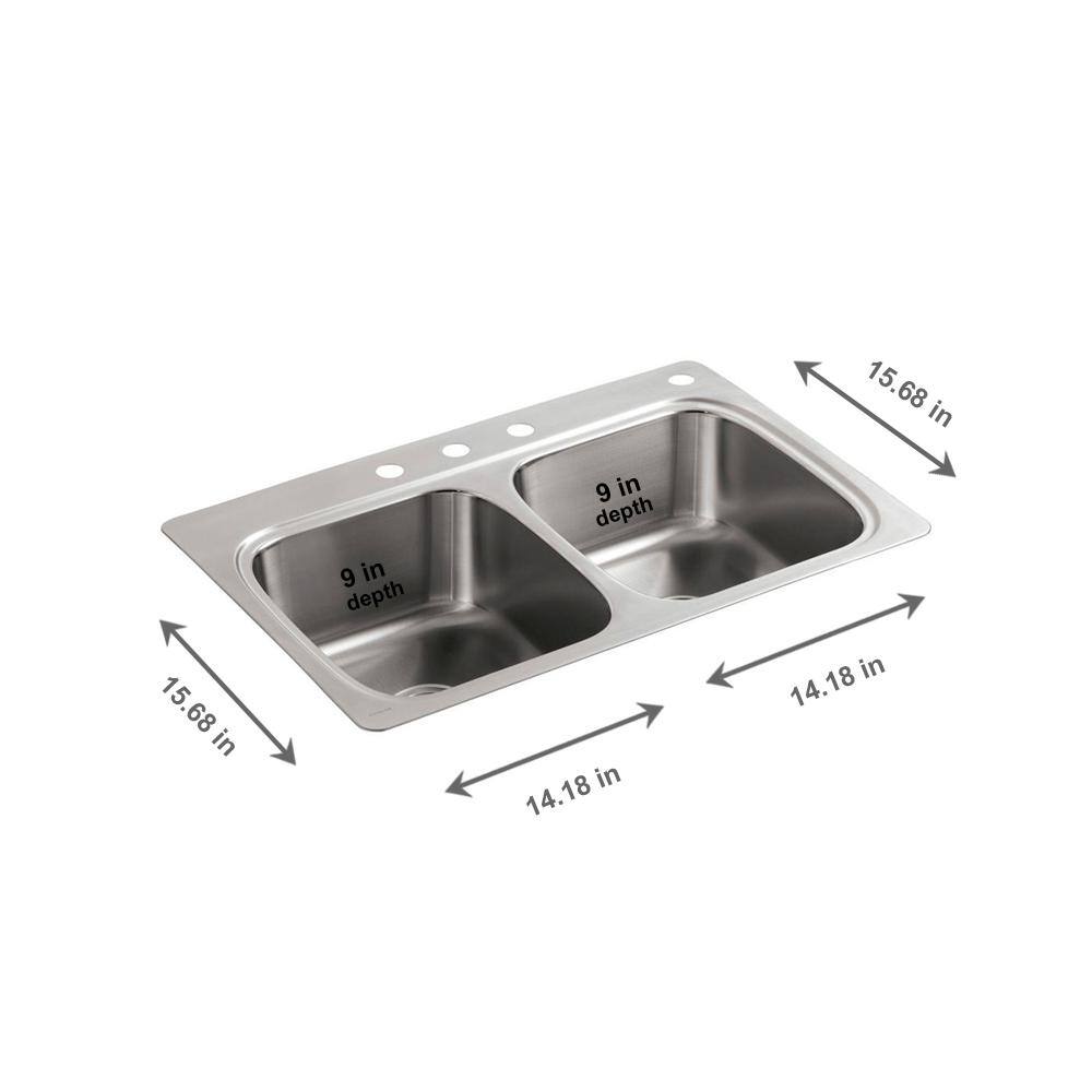 KOHLER Verse 33 in. Drop-in Double Bowl 20 Gauge Stainless Steel Kitchen Sink with 4-Holes K-RH5267-4-NA