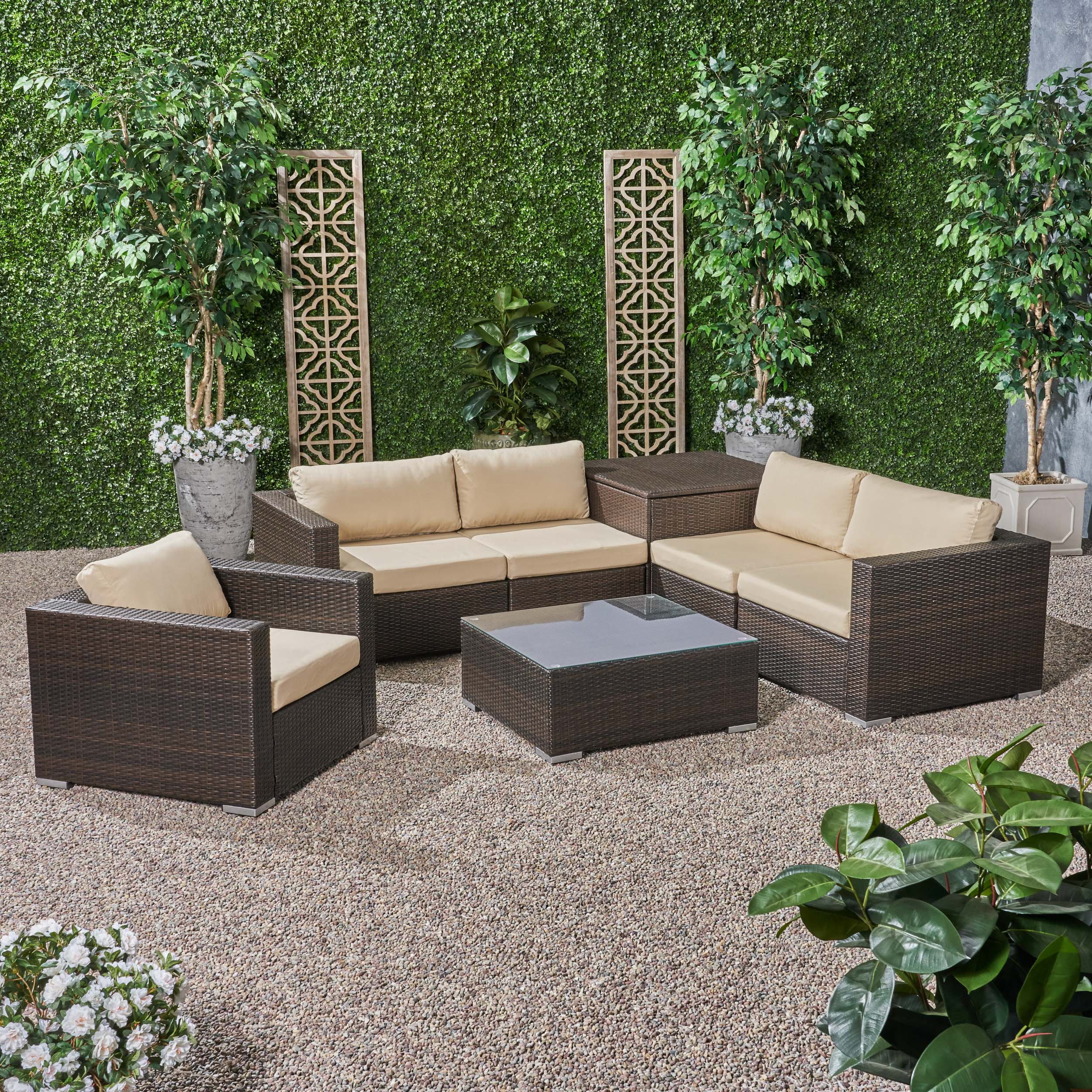 Kyra Outdoor 5 Seater Wicker Sectional Sofa Set with Storage Ottoman and Sunbrella Cushions