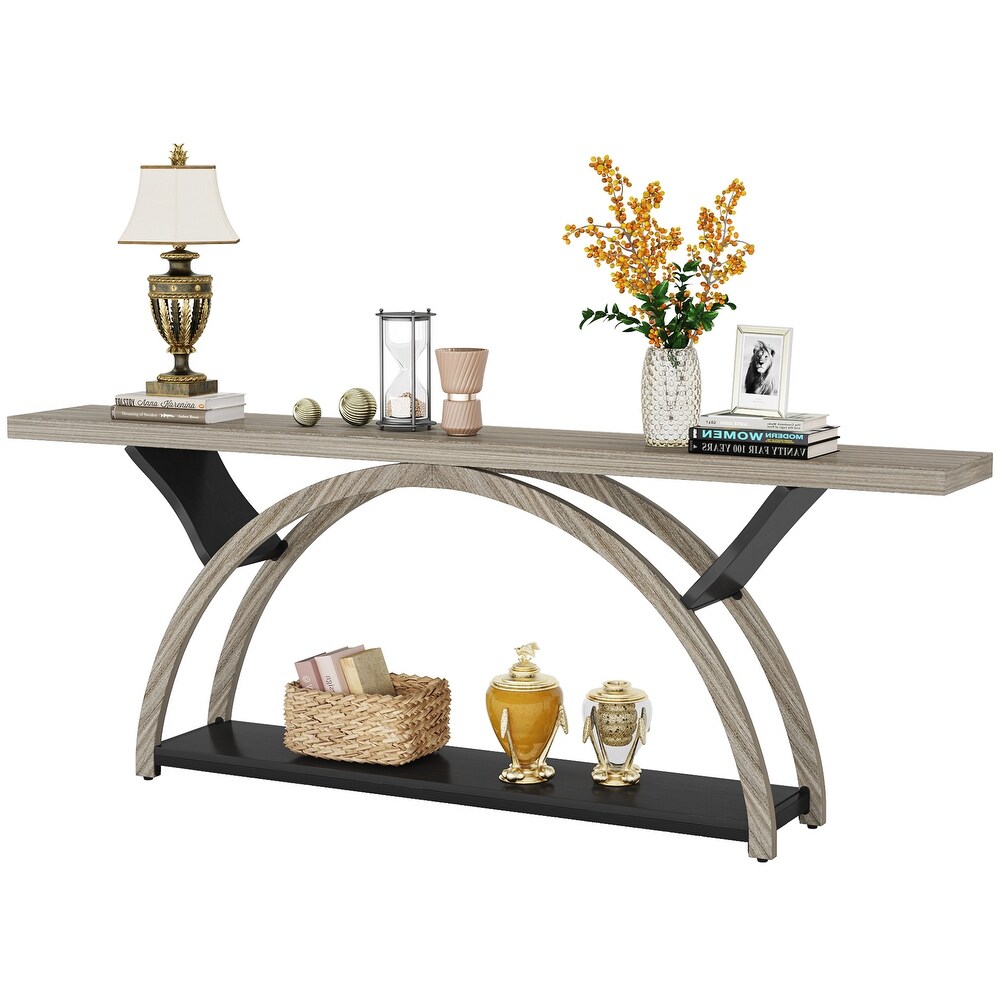 2 Tier Narrow Long Console Sofa Table with Semi Circular Frame for Entryway Gray Hallway Accent Tables