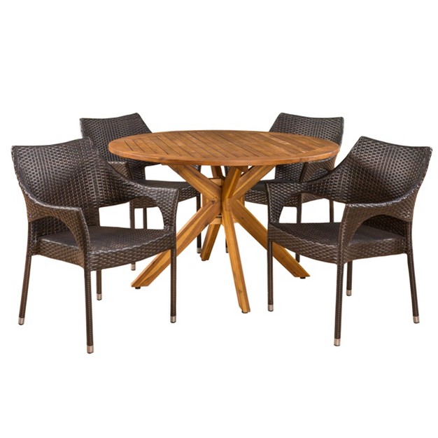 Natividad 5pc Acacia amp Wicker Dining Set Teak brown Christopher Knight Home