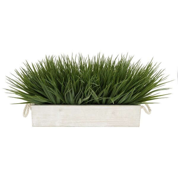 Faux Green Farm Grass in Large Washed Wood Trough with Rope Handles