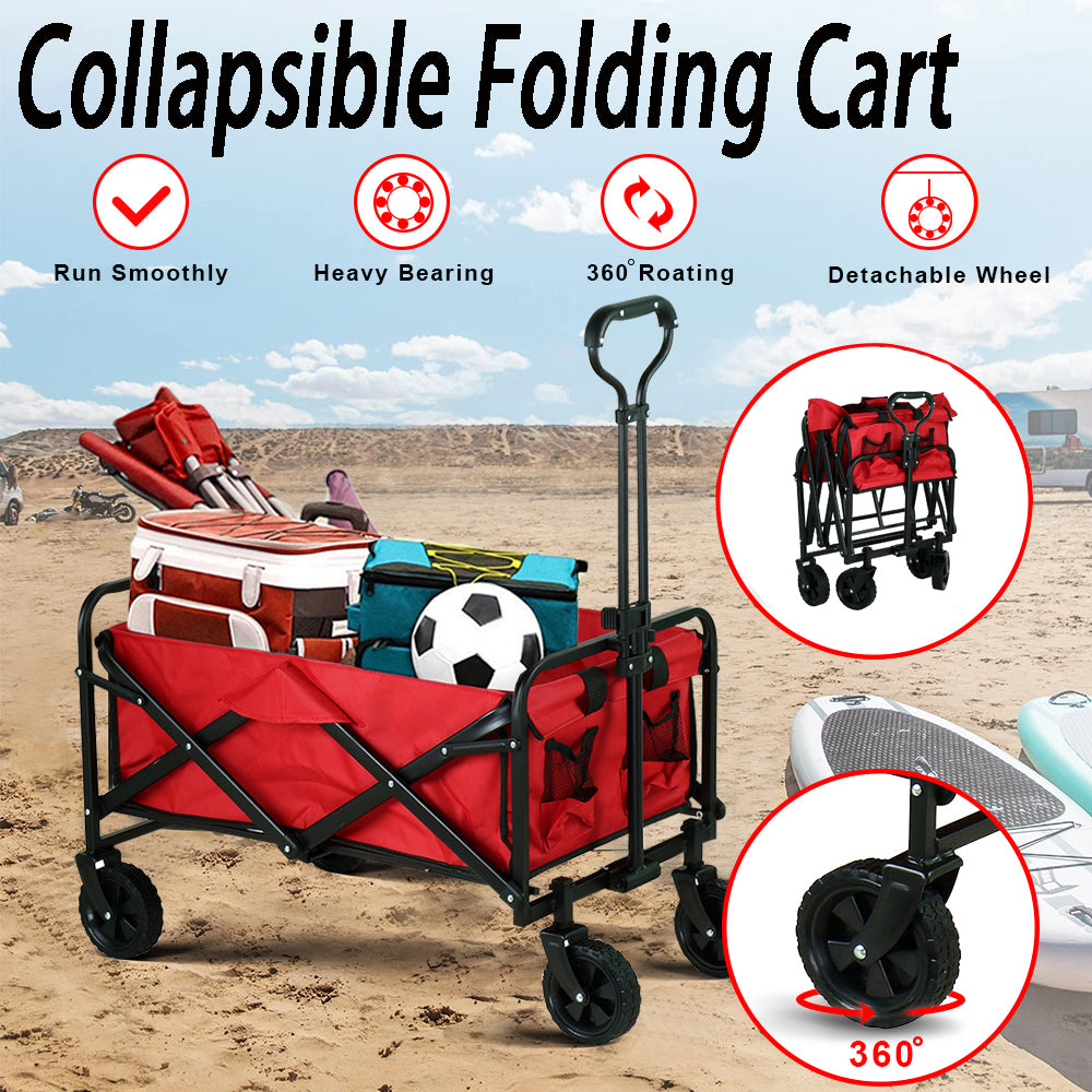 Heavy Duty Collapsible Folding Cart, All Terrain Utility Wagon Beach Outdoor Camping Garden Cart with Universal Wheels & Adjustable Handle, Red