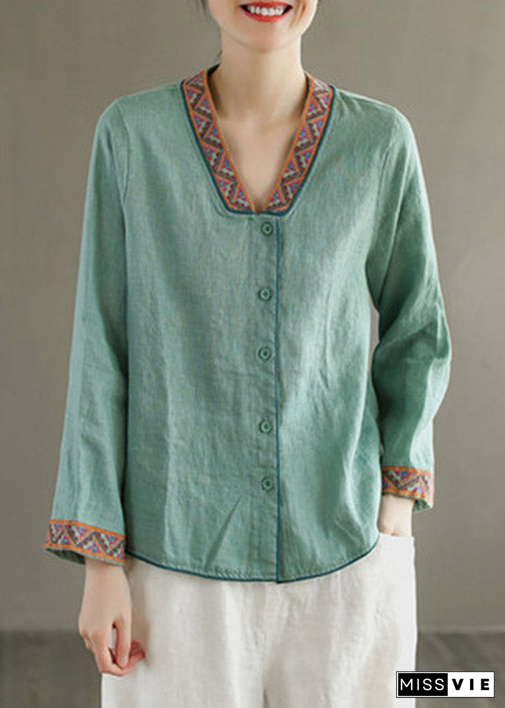 Boho Blue V Neck Embroideried Button Linen Shirt Long Sleeve