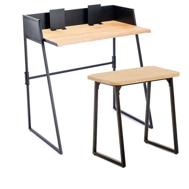 2 Piece Desk Set with Bench， Wood and Metal， Natural Brown and Black