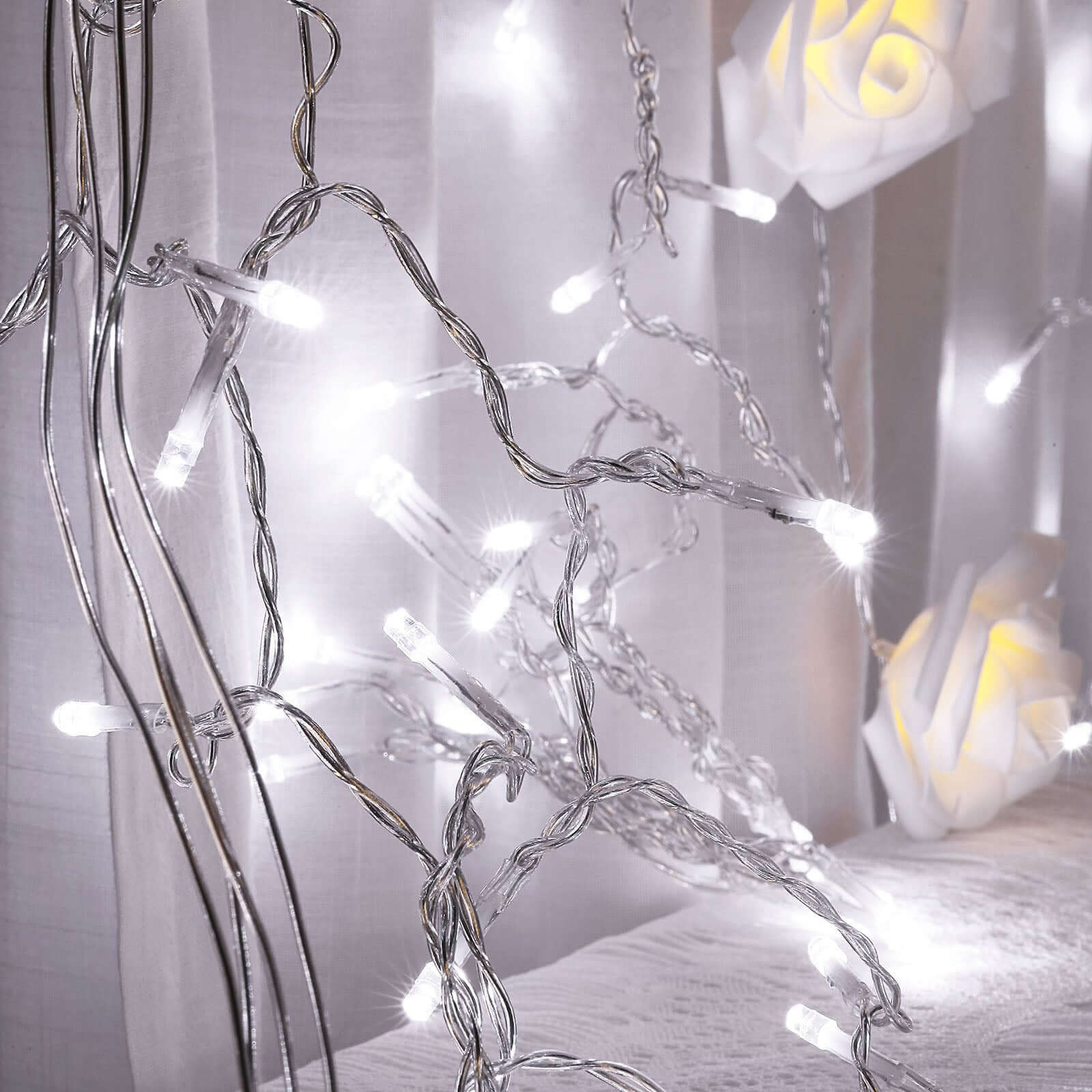 Cool White 300 LED Icicle Curtain Fairy String Lights with 8 Modes 10ft