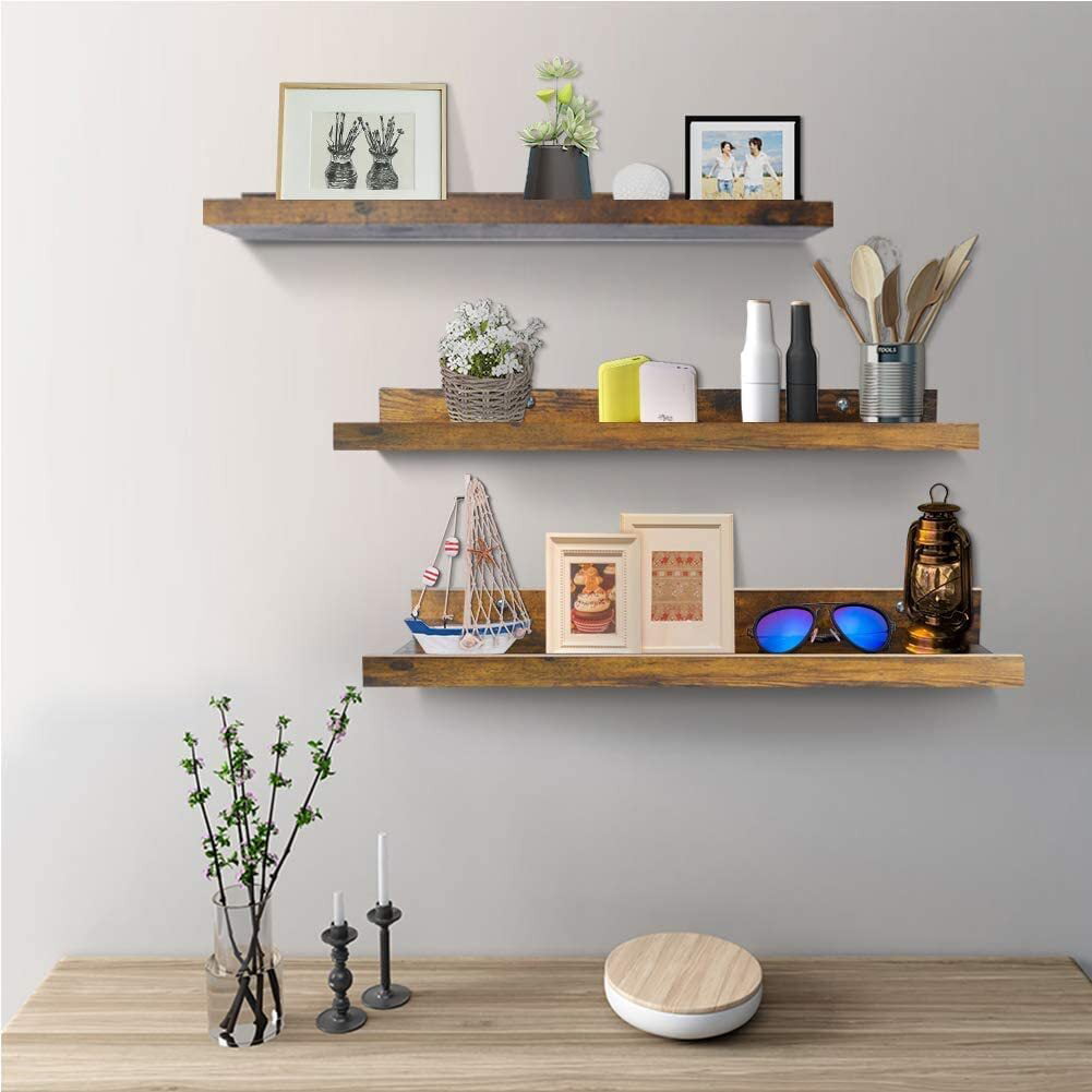 Rustic Floating Wall Shelves Set of 3, Brown 24 inch Wall Mounted Storage Shelf for Kitchen, Home, Bedroom