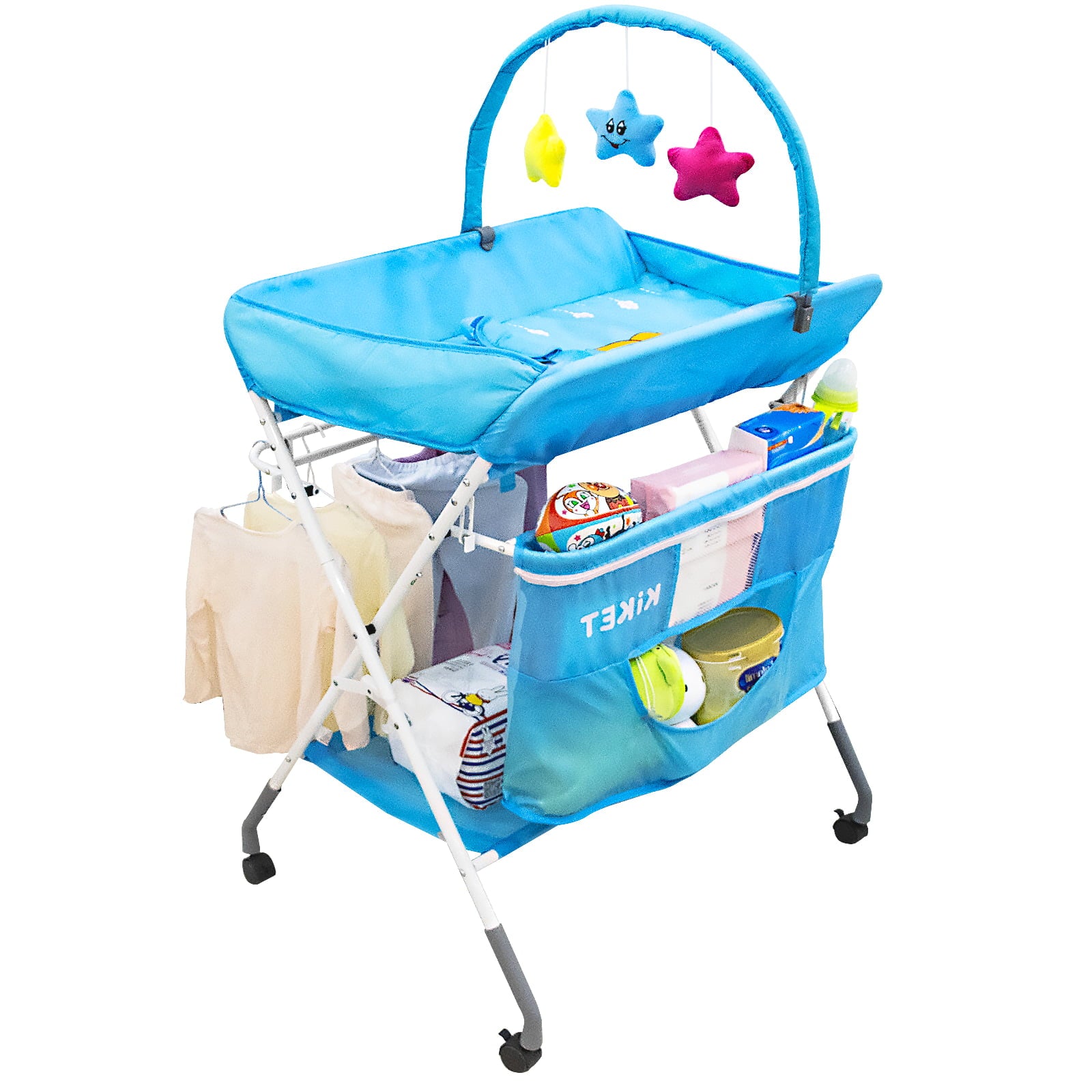 Baby Changing Tables Portable Folding Diaper Changing Station with Wheels, Height Adjustable Mobile Nursery Organizer with Hanging Toy, Safety Belt & Storage Racks for Newborn Baby Infant, Blue