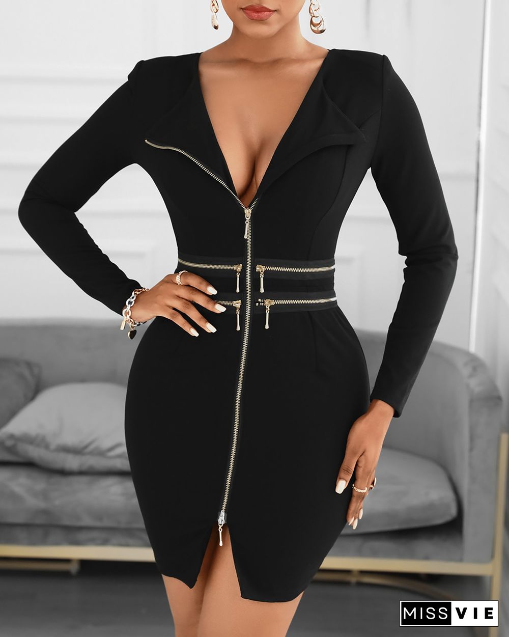 Plain Zipper Design Long Sleeve Dress