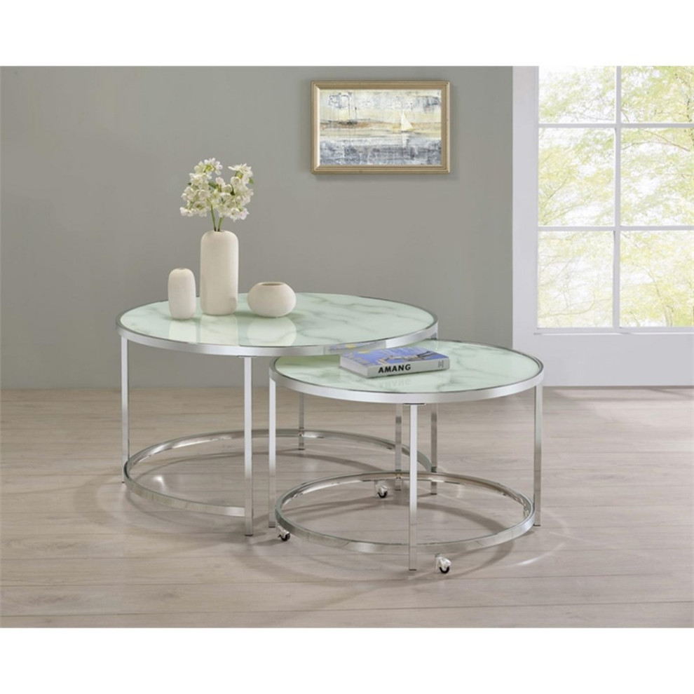 Coaster Lynn 2 piece Metal Round Nesting Table White and Chrome   Contemporary   Coffee Table Sets   by Homesquare  Houzz