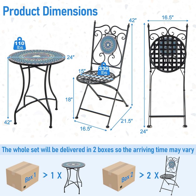 Costway 3pcs Patio Bistro Set Mosaic Pattern Heavy duty Metal Dining Folding Outdoor