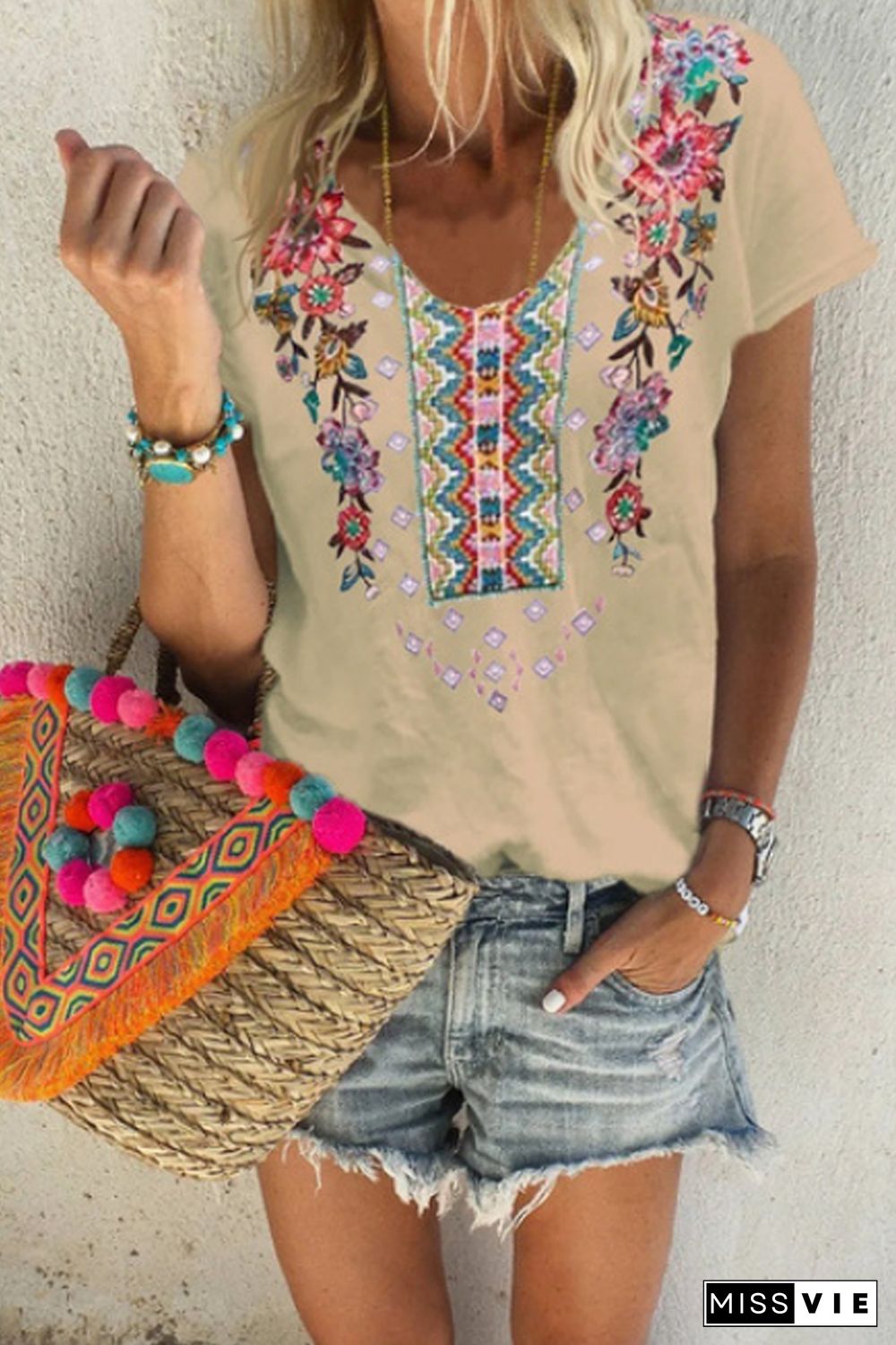 Bohemian Flower Embroidery T-shirt