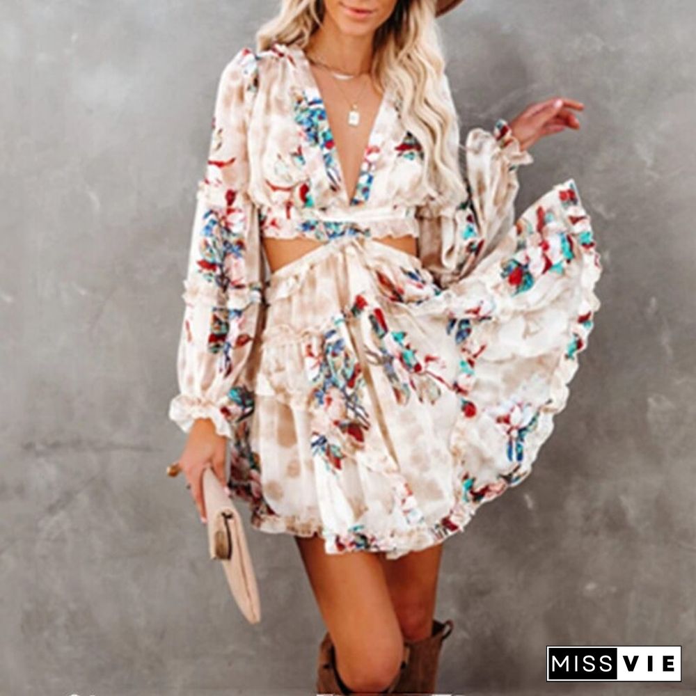 Open Back Lace Dress Female Spring Floral Print A-line Hollow Waist Outer Layered Ruffled Casual Dress